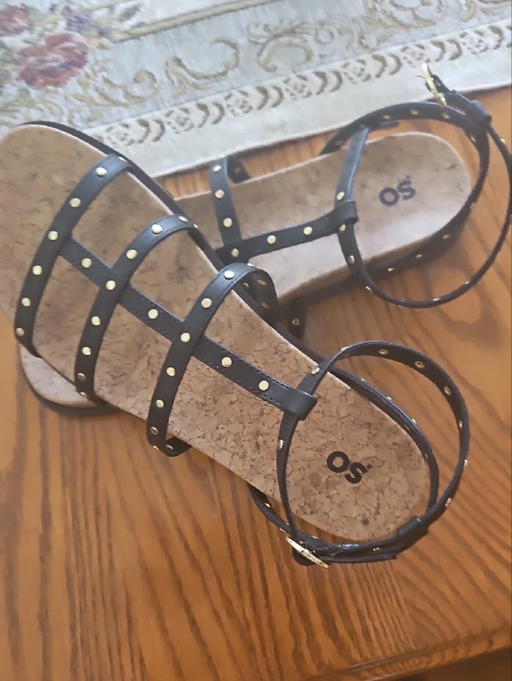 NEW SO Black Strappy Studded Sandals with Gold Buckle. Sz 9